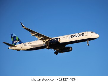 Boston, Massachusetts, USA - October 3, 2020: Several JetBlue Airways Airbus A320 Family Planes Were Operating In Boston Airport.