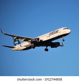 Boston, Massachusetts, USA - October 3, 2020: Several JetBlue Airways Airbus A320 Family Planes Were Operating In Boston Airport.