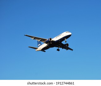 Boston, Massachusetts, USA - October 3, 2020: Several JetBlue Airways Airbus A320 Family Planes Were Operating In Boston Airport.