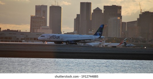 Boston, Massachusetts, USA - October 3, 2020: Several JetBlue Airways Airbus A320 Family Planes Were Operating In Boston Airport.