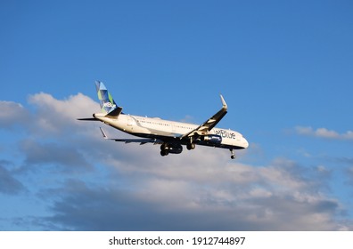 Boston, Massachusetts, USA - October 3, 2020: Several JetBlue Airways Airbus A320 Family Planes Were Operating In Boston Airport.