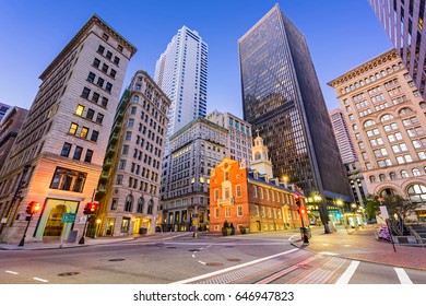 Boston, Massachusetts, USA Old State House And Cityscape.