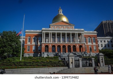 BOSTON, MASSACHUSETTS, USA - September 11, 2011: Massachusetts State House With Its Flag In Half-staff In Honor Of The Victims Of 11/9.