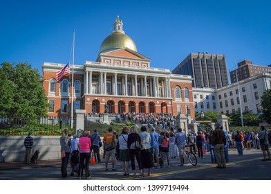 BOSTON, MASSACHUSETTS, USA - September 11, 2011: People In 11/9 Memorial In Massachusetts State House.