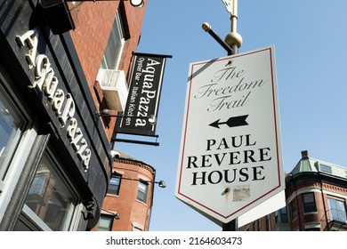 Boston, Massachusetts, USA-June 4, 2022 A sign for the Freedom Trail and Paul Revere's house 