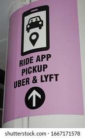 Boston, Massachusetts/USA - February 27, 2020: Sign At Boston Logan International Airport For Passengers To Get To Ride Share App Pick Up Area For Uber And Lyft In The Untied States Of America