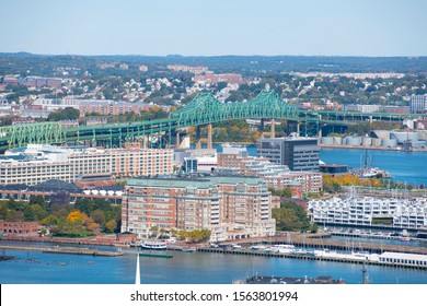 Boston Maurice J. Tobin Bridge Over The Mystic River Near Boston Harbor, Boston, Massachusetts, MA, USA.