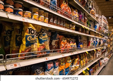 BOSTON, MA/USA - MAY 28: The Chips Aisle In The Grocery Store Aisle On May 28th In Boston, Massachusetts.