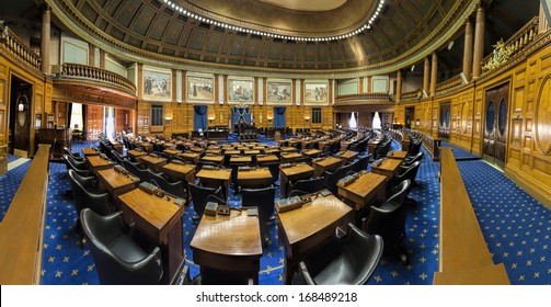 BOSTON - MAY 10: The Interior Architecture Of The Massachusetts State House In Boston, Massachusetts, USA Showing Details Of The Politicians' Desks From Where They Cast Their Votes On May 10, 2013.