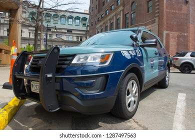 BOSTON - MAY 16, 2018: Massachusetts State Police trooper car on Beacon Hill in downtown Boston, Massachusetts MA, USA.