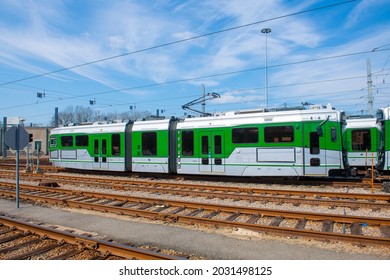 Boston Metro MBTA Green Line Type 9 modern fleet by CAF USA at Riverside terminal station, Newton, Massachusetts MA, USA.