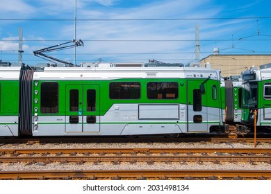 Boston Metro MBTA Green Line Type 9 modern fleet by CAF USA at Riverside terminal station, Newton, Massachusetts MA, USA.
