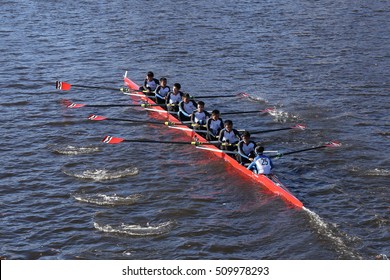 BOSTON - OCTOBER 22, 2016:   Xi'an Jiaotong China  races in the Head of Charles Regatta Men's College Eights [PUBLIC RACE]