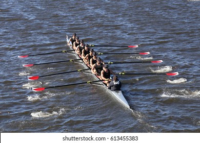 BOSTON - OCTOBER 23, 2016: Bromfield Acton Boxborough (bottom) Bedford(middle)  St andrews(top) races in the Head of Charles Regatta Men's Youth Eights [PUBLIC RACE]