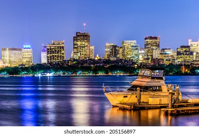 Boston pier skyline  with skyscrapers on Charles river