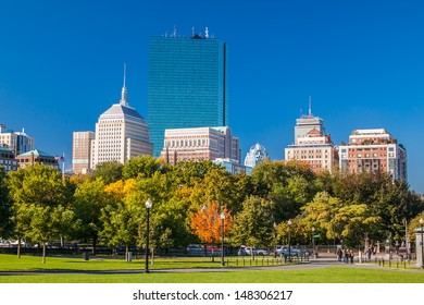 Boston Public Garden In The Autumn, Massachusetts.