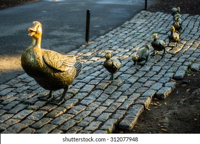 Boston Public Garden With Its Famous Duck Family Brass Statues 