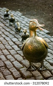 Boston Public Garden With Its Famous Duck Family Brass Statues 