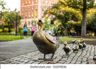 Boston Public Garden With Its Famous Duck Family Brass Statues 