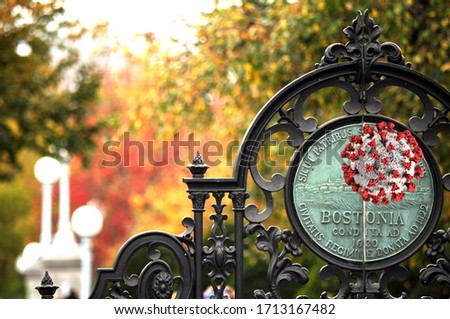 Boston public garden gate with general shape of Coronavirus.  The Coronavirus image is from CDC library and is copy right free. 