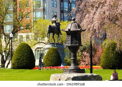 Boston Public Garden On A Sunny Spring Day With Tree Blossom.