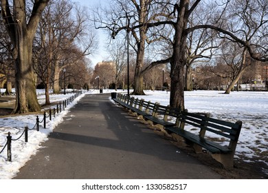 Boston Public Garden In The Winter After A Snowstorm.