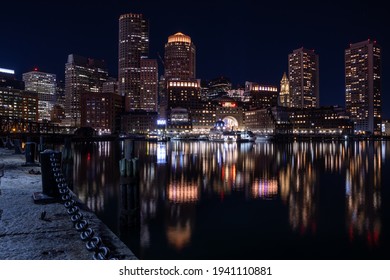 Boston Seaport Lit Up At Night 