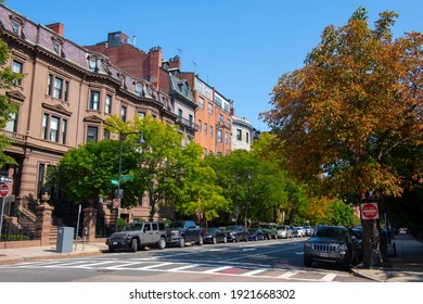 BOSTON - SEP. 23, 2020: Boston historic buildings on Beacon Street at Berkeley Street, Boston, Massachusetts, USA.
