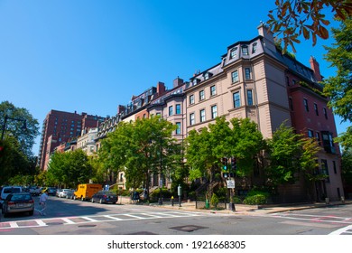 BOSTON - SEP. 23, 2020: Boston historic buildings on Beacon Street at Berkeley Street, Boston, Massachusetts, USA.