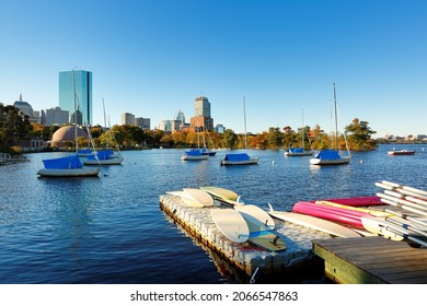 Boston Skyline at Autumn showing Charles River Esplanade at early morning with fall foliage. The Charles River Esplanade of Boston, MA, is a state-owned park in the Back Bay area of the city.
