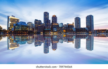 Boston Skyline from Downtown Harborwalk at dusk