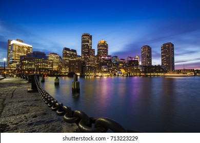 Boston Skyline from Downtown Harborwalk at dusk