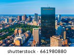 Boston skyline, Massachusetts, USA. Aerial panorama of downtown. View from the top of Prudential Tower.