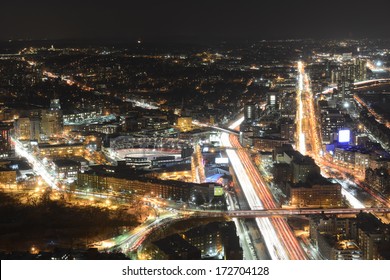 Boston Skyline at night, including Fenway Park and Interstate Highway I-90 (Massachusetts Turnpike), from top of Prudential Center toward west, Boston, Massachusetts, USA - Powered by Shutterstock