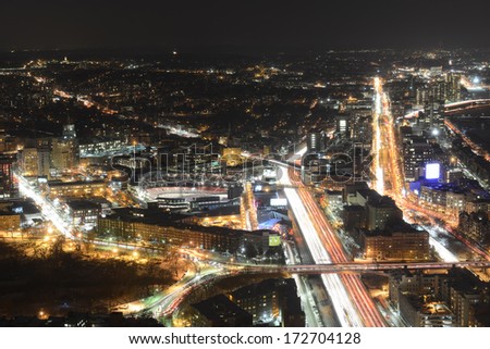 Boston Skyline at night, including Fenway Park and Interstate Highway I-90 (Massachusetts Turnpike), from top of Prudential Center toward west, Boston, Massachusetts, USA