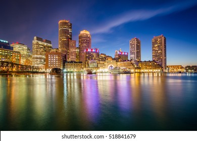 The Boston skyline at night, seen from Fort Point in South Boston, Massachusetts.