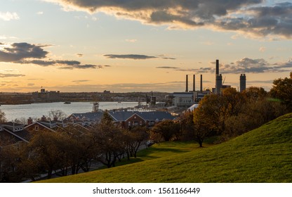 Boston Skyline Panorama Over Park And Industrial Area, Mystic River