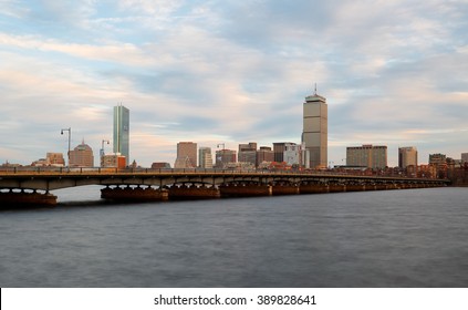 Boston Skyline Showing Charles River and Bridge at Sunset, Boston, Massachusetts