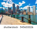 Boston skyline in sunny summer day, view from harbor on downtown, Massachusetts, USA