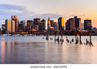Boston Skyline at sunset viewed from East Boston