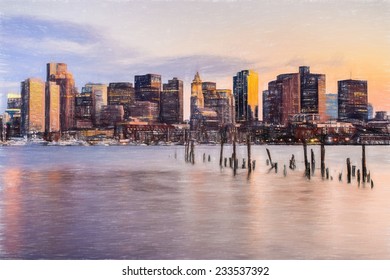 Boston Skyline at sunset viewed from East Boston 