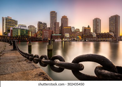 Boston Skyline At Sunset As Viewed From Fan Pier Park.