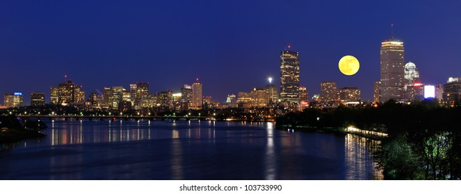 Boston Skyline And Supermoon