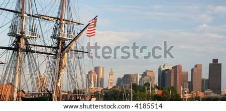 Boston skyline, USS Constitution Battleship
, Massachusetts, United States of America