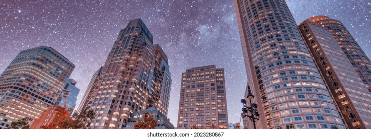 Boston Skyscrapers Under A Starry Night, Massachusetts.