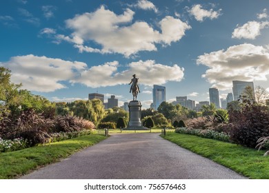 Boston, United States: October 13, 2017: Looking Down Walkway to Washington Statue in Boston Public Garden