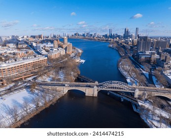 Boston University Bridge across Charles River aerial view with Cambridge on the left and Boston Back Bay on the right in winter, Boston, Massachusetts MA, USA. 