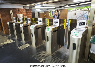 Boston, USA - April 24, 2017: Entrance And Exit Of Boston Subway (Massachusetts Bay Transportation Authority, MBTA), Located In Boston, Massachusetts, USA.