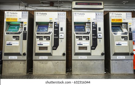 Boston, USA - April 24, 2017: Ticket Machine. Located In Boston Subway (Massachusetts Bay Transportation Authority, MBTA), Massachusetts, USA.