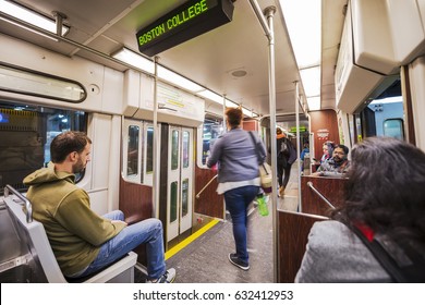 Boston, USA - April 24, 2017: People In Boston Subway (Massachusetts Bay Transportation Authority, MBTA), Located In Boston, Massachusetts, USA.